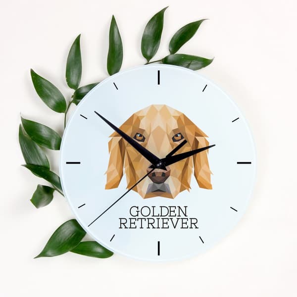 Golden Retriever - en geometrisk väggklocka med ett foto och en inskription från märket Art-Dog
