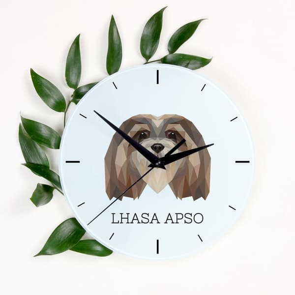 Lhasa Apso - en geometrisk väggklocka med ett foto och en inskription från varumärket Art-Dog