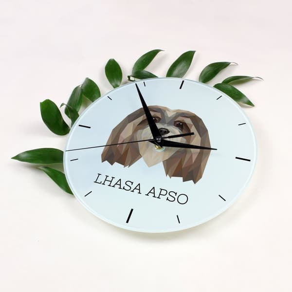 Lhasa Apso - en geometrisk väggklocka med ett foto och en inskription från varumärket Art-Dog
