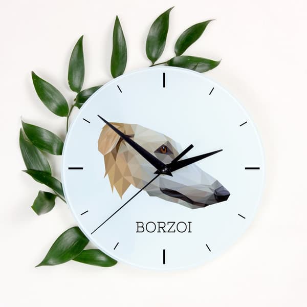 Russisk Borzoi Greyhound, Borzoi, Barzoi - geometrisk vægur med et foto og en inskription af Art-Dog-mærket