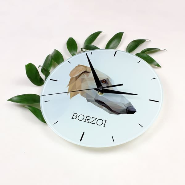 Russisk Borzoi Greyhound, Borzoi, Barzoi - geometrisk vægur med et foto og en inskription af Art-Dog-mærket