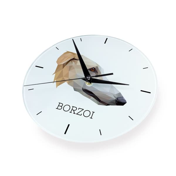 Russisk Borzoi Greyhound, Borzoi, Barzoi - geometrisk vægur med et foto og en inskription af Art-Dog-mærket