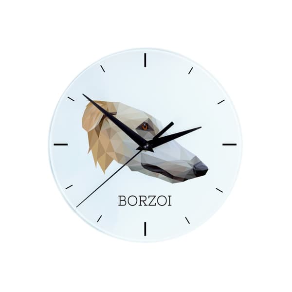 Russisk Borzoi Greyhound, Borzoi, Barzoi - geometrisk vægur med et foto og en inskription af Art-Dog-mærket