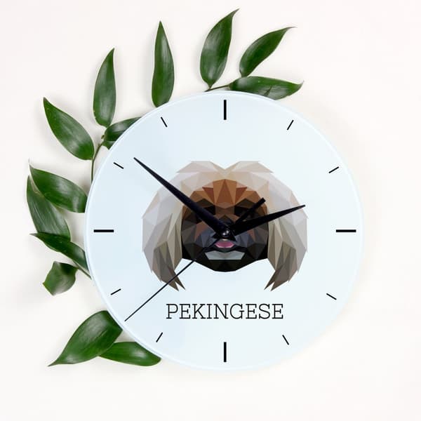Pekingese - en geometrisk väggklocka med ett foto och en inskription av varumärket Art-Dog
