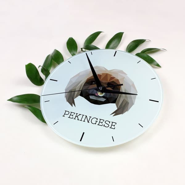 Pekingese - en geometrisk väggklocka med ett foto och en inskription av varumärket Art-Dog
