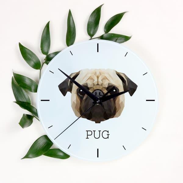 Pug, Pug, Carlin - en geometrisk väggklocka med ett foto och en inskription av varumärket Art-Dog