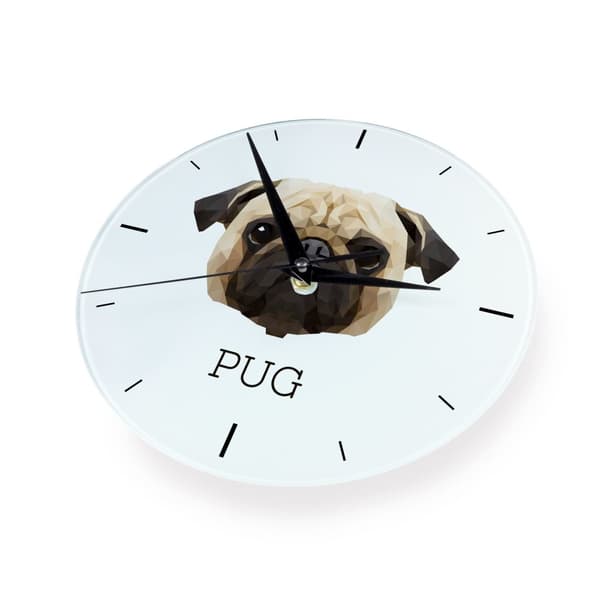 Pug, Pug, Carlin - en geometrisk väggklocka med ett foto och en inskription av varumärket Art-Dog