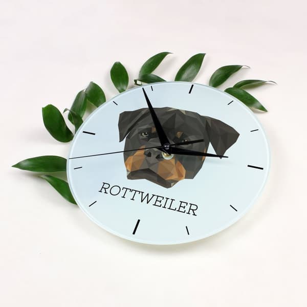 Rottweiler - et geometrisk vægur med et foto og inskriptionen af Art-Dog-mærket