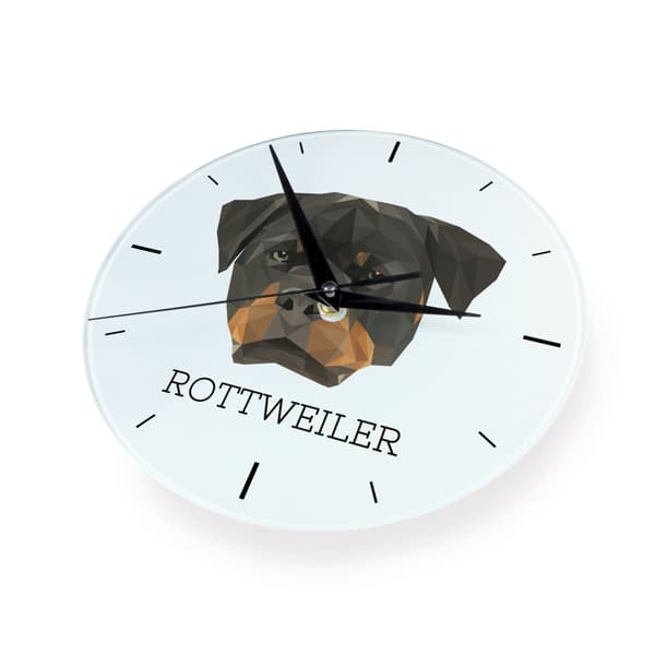 Rottweiler - et geometrisk vægur med et foto og inskriptionen af Art-Dog-mærket