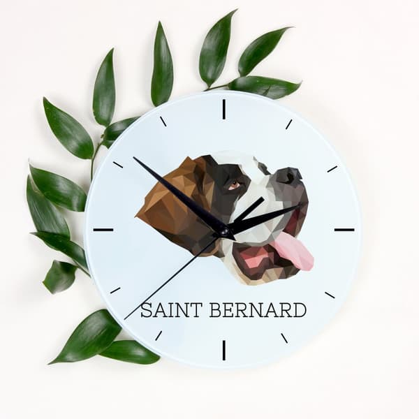 St. Bernard, hund fra St. Bernard - et geometrisk vægur med et foto og en inskription af Art-Dog-mærket