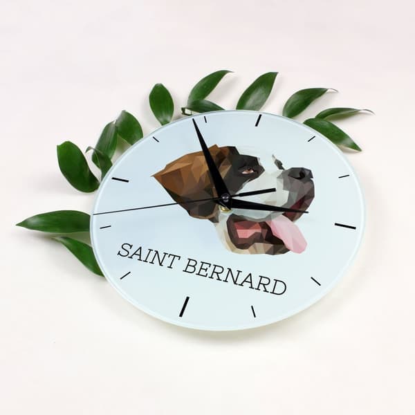 St. Bernard, hund fra St. Bernard - et geometrisk vægur med et foto og en inskription af Art-Dog-mærket
