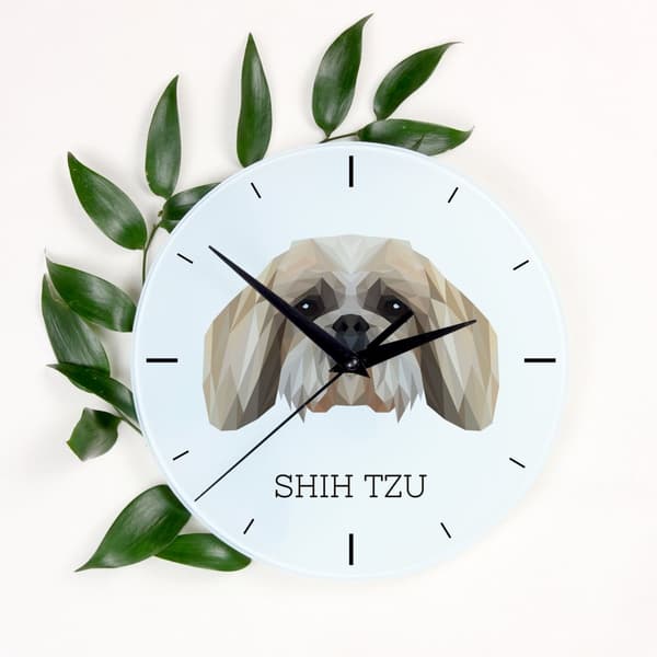 Shih Tzu, Shi tsu, Shi-Tzu, Szi-cu, Szitzu - geometrisk väggklocka med ett foto och en inskription från märket Art-Dog