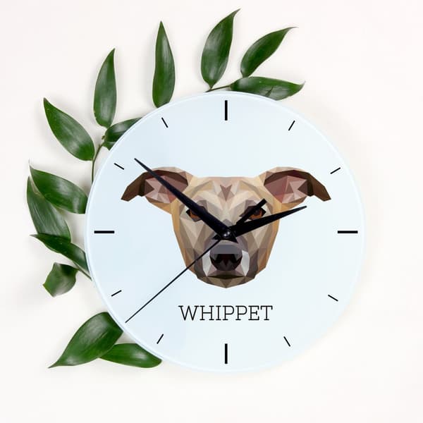 Whippet, engelsk vinthund - geometrisk väggklocka med ett foto och en inskription av märket Art-Dog