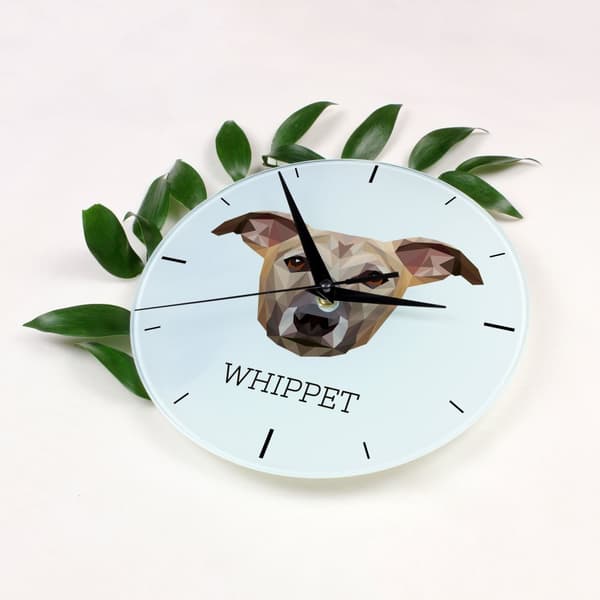 Whippet, engelsk vinthund - geometrisk väggklocka med ett foto och en inskription av märket Art-Dog