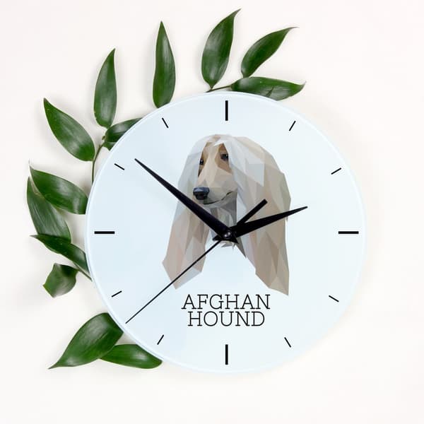 Afghan Hound - geometrisk vægur med et foto og en inskription af Art-Dog-mærket