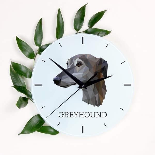 Greyhound, engelsk vinthund - geometrisk väggklocka med foto och inskription av märket Art-Dog
