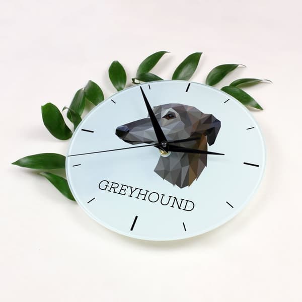 Greyhound, engelsk vinthund - geometrisk väggklocka med foto och inskription av märket Art-Dog