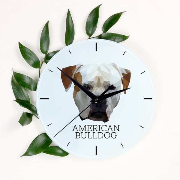 Amerikansk bulldog - geometrisk väggklocka med ett foto och inskriptionen av märket Art-Dog