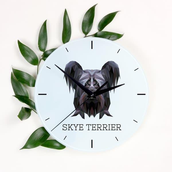 Skye Terrier - geometrinen seinäkello, jossa on valokuva ja merkintä Art-Dog-brändiltä