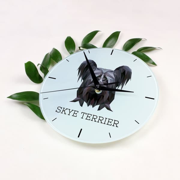 Skye Terrier - geometrinen seinäkello, jossa on valokuva ja merkintä Art-Dog-brändiltä