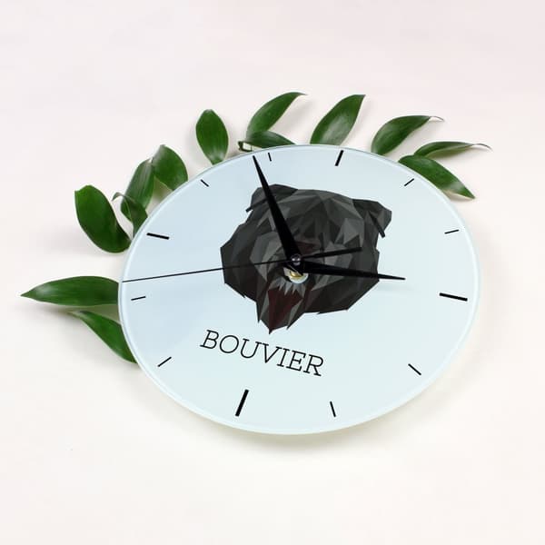 Bouvier des Flandres - en geometrisk väggklocka med ett foto och en inskription från märket Art-Dog
