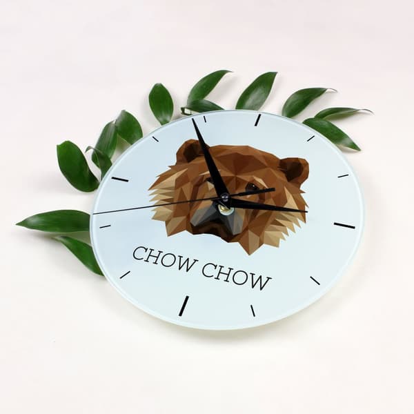 Chow Chow - et geometrisk vægur med et foto og en inskription fra Art-Dog-mærket