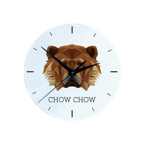 Chow Chow - et geometrisk vægur med et foto og en inskription fra Art-Dog-mærket