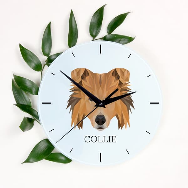 Langhåret Scottish Shepherd, Collie rough - geometrisk vægur med et foto og en inskription fra Art-Dog-mærket