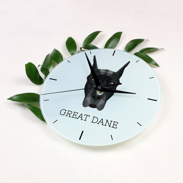 Great Dane - et geometrisk vægur med et foto og inskriptionen af Art-Dog-mærket