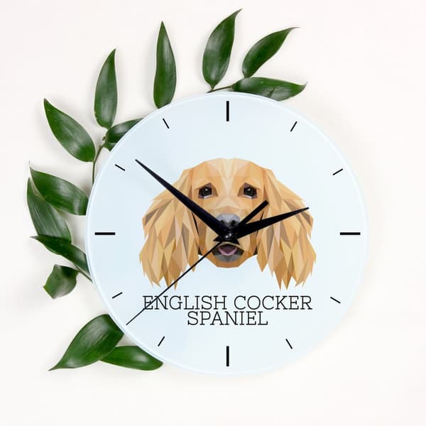Engelsk Cocker Spaniel - geometrisk väggklocka med foto och inskription av märket Art-Dog