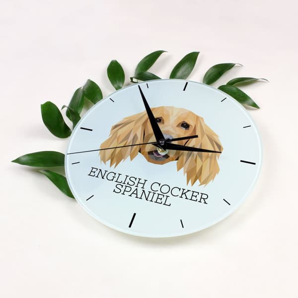 Engelsk Cocker Spaniel - geometrisk väggklocka med foto och inskription av märket Art-Dog