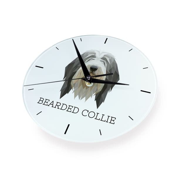 Bearded Collie, Highland Collie - geometrinen seinäkello, jossa valokuva ja merkintä Art-Dog-brändistä