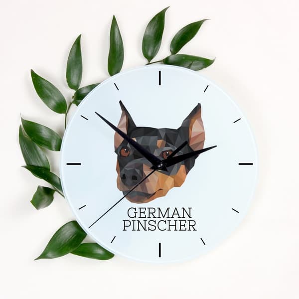 Medium Pinscher, tysk Pinscher - geometrisk vægur med et foto og en inskription af Art-Dog-mærket