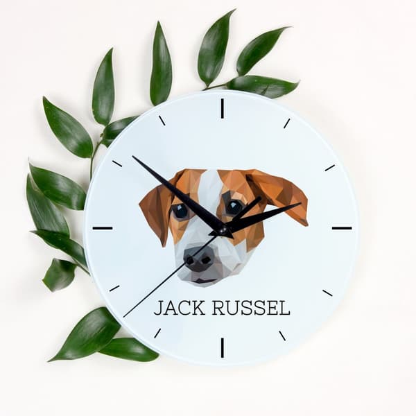 Jack Russell Terrier - geometrisk vægur med et foto og en inskription fra Art-Dog-mærket