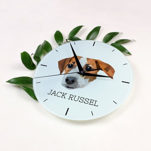 Jack Russell Terrier - geometrisk vægur med et foto og en inskription fra Art-Dog-mærket