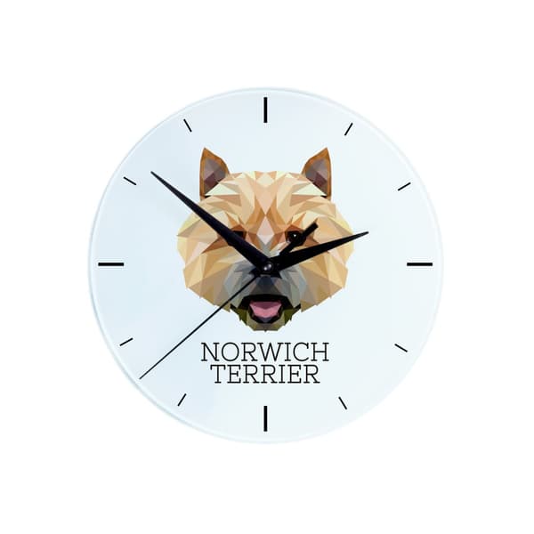 Norwich Terrier - et geometrisk vægur med et foto og inskriptionen af Art-Dog-mærket