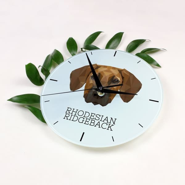 Rhodesian Ridgeback, afrikansk løvehund - geometrisk vægur med et foto og en inskription fra Art-Dog-mærket