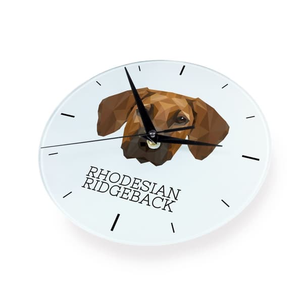Rhodesian Ridgeback, afrikansk løvehund - geometrisk vægur med et foto og en inskription fra Art-Dog-mærket