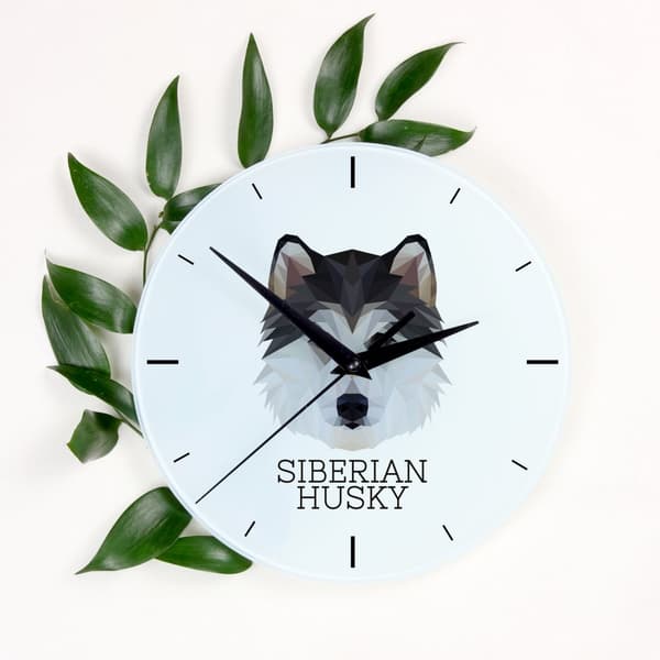 Siberian Husky, Siberian Husky - geometrisk vægur med et foto og en inskription fra Art-Dog-mærket