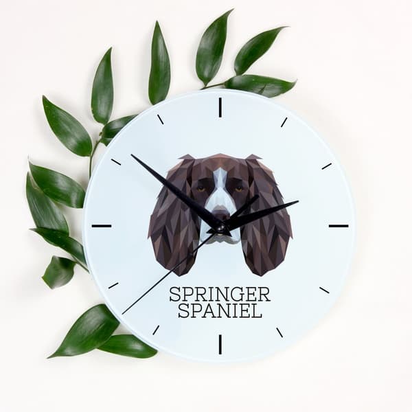 Englanninspringerspanieli - geometrinen seinäkello, jossa on valokuva ja merkintä Art-Dog-brändistä