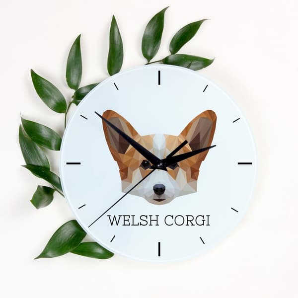 Pembroke Welsh Corgi - geometrisk väggklocka med foto och inskription av märket Art-Dog