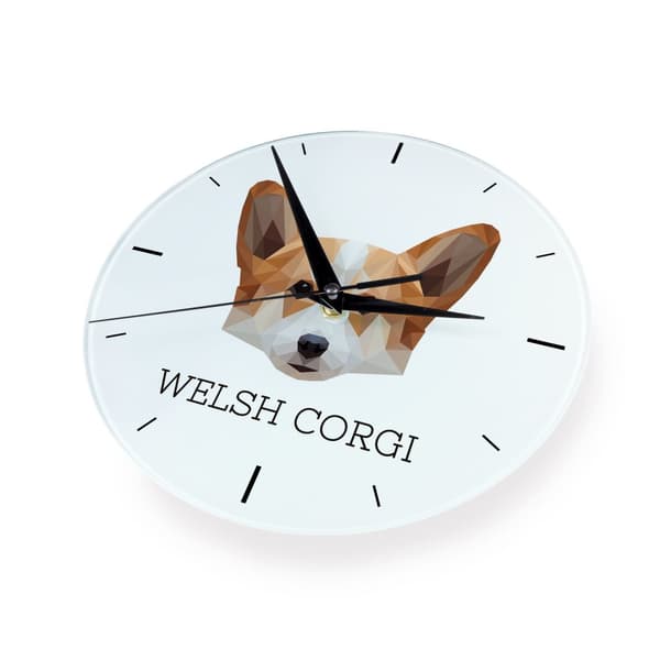 Pembroke Welsh Corgi - geometrisk väggklocka med foto och inskription av märket Art-Dog