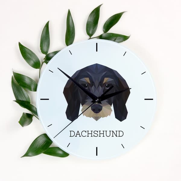 Teckel wirehair - geometrisk vægur med foto og inskription af Art-Dog
