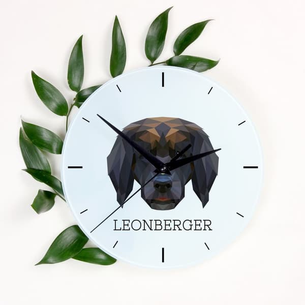 Leonberger - et geometrisk vægur med et foto og en inskription af Art-Dog-mærket