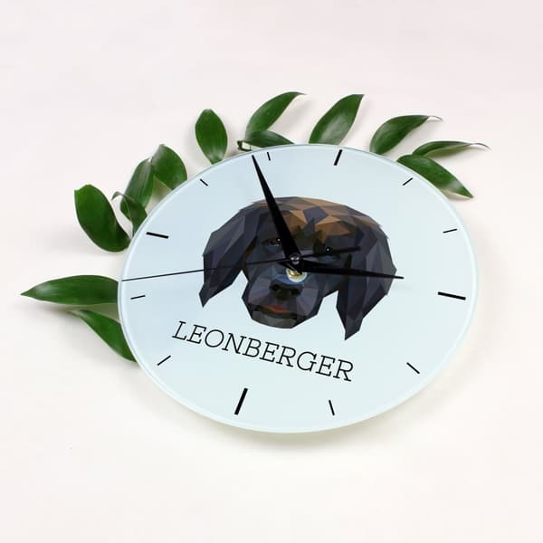 Leonberger - et geometrisk vægur med et foto og en inskription af Art-Dog-mærket