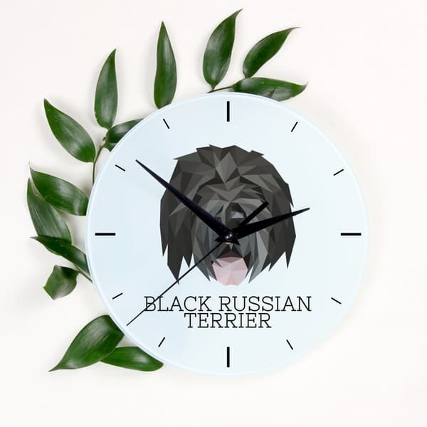 Russian Black Terrier - geometrisk vægur med et foto og en inskription fra Art-Dog-mærket