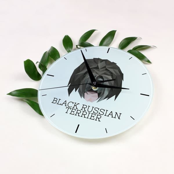 Russian Black Terrier - geometrisk vægur med et foto og en inskription fra Art-Dog-mærket