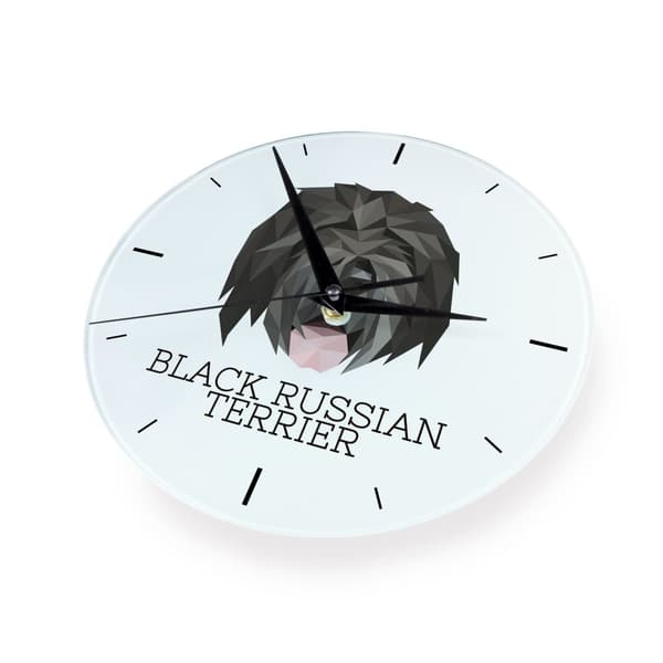 Russian Black Terrier - geometrisk vægur med et foto og en inskription fra Art-Dog-mærket