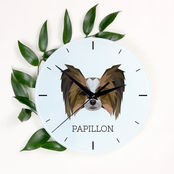 Papillon, Continental Spaniel - geometrisk väggklocka med ett foto och en inskription från varumärket Art-Dog