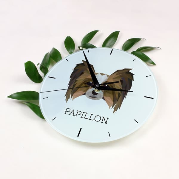 Papillon, Continental Spaniel - geometrisk väggklocka med ett foto och en inskription från varumärket Art-Dog